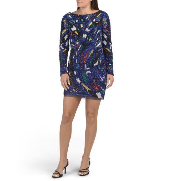 LIV FOSTER Blue Multi Long Sleeve Embellished Mini Dress - Picture 1 of 2